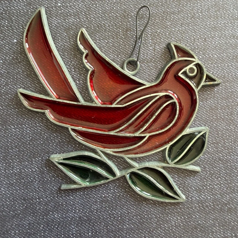 Vintage Red Cardinal Stained Glass Suncatcher Bird Window Hanging Ornament 4